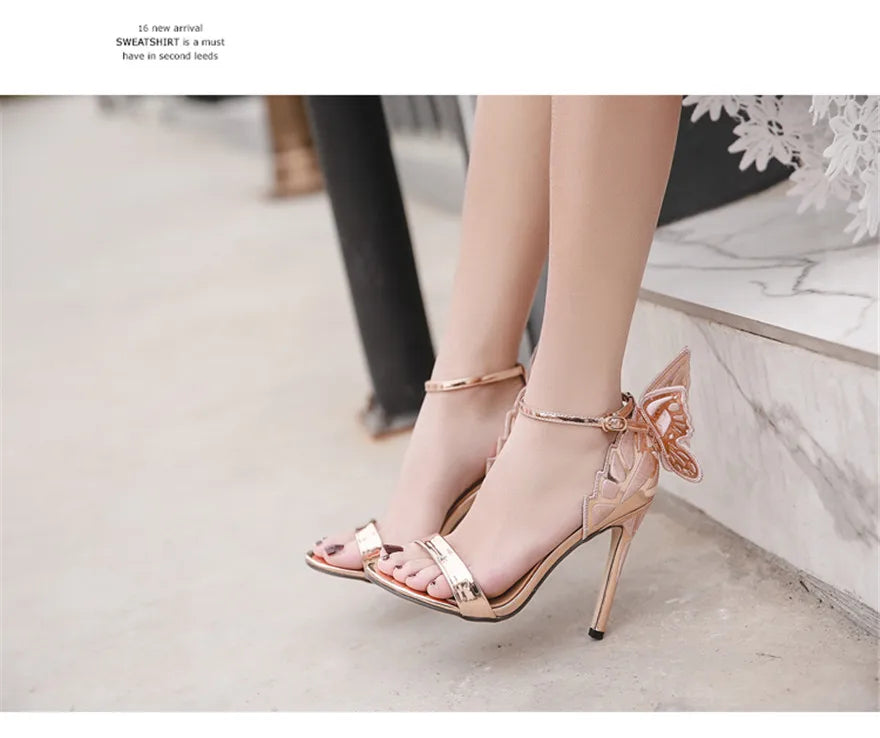 New Design Butterfly Wings Sandals Women Sexy Stiletto Patent Leather Party Dress Open Toe Buckle High Heels Platform Shoes Lady