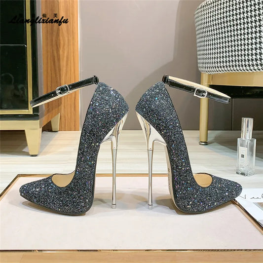LLXF Spring 16cm Thin High Heels Shoes Woman Bling Pumps Sexy Nightclub Light Mouth Dance Pointed Toe Stilettos US11 12 13 14 15