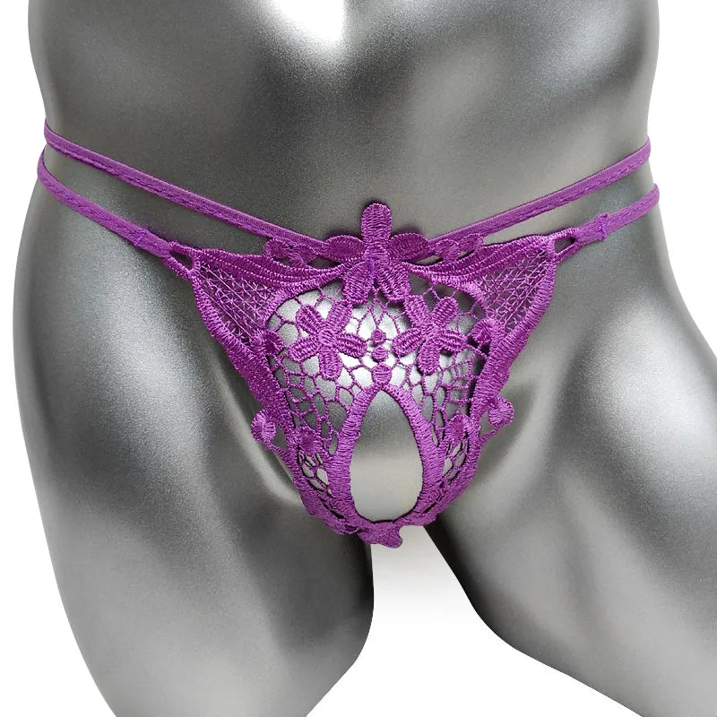 Hot Men Lingerie G-String Bikini Underwear with Penis Holes Gay Male Thong Cute Lace Sissy Panties Underpants