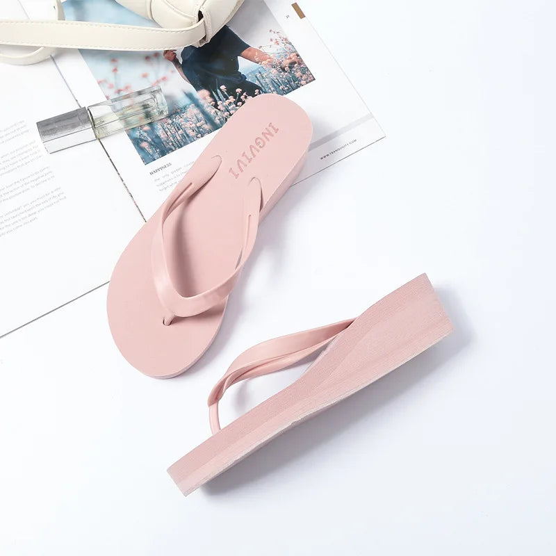 EOFK Women Flip Flops Wedges Casual Shinny Beach 3.5 Cm Height PVC Solid Summer Outside Slippers Soft Shoes
