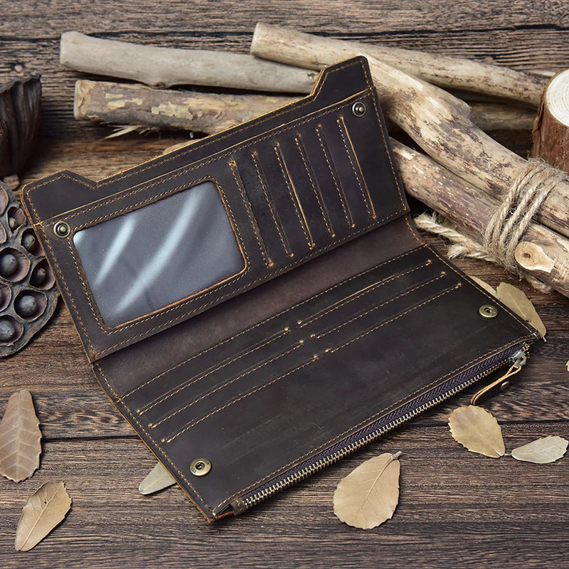 Men's Crazy Horse Leather Long Wallet Brown Real leather Trifold clutch snap purse Hasp purse with Phone pocket and coin pocket