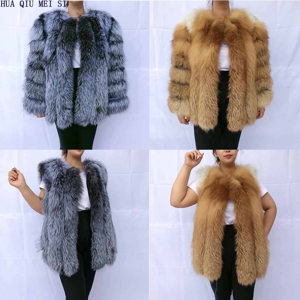 HUAQIUMEISI Real fox fur coat women's autumn and winter vertical bar natural fox jacket new fashion silver fox fur coat