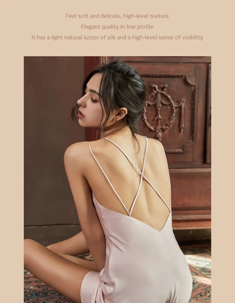 Nightgowns Women Soft V-neck Satin Sleeveless Sleepshirts Summer Sexy Sleepwear Lingerie Korean Style Fashion Nightdress Female