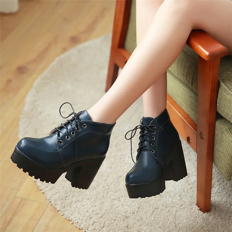 Lace Up Sexy Women's Ankle Boot Spring Autumn Fashion Platform Punk High Heels Black White Red Pumps Autumn Rubber Shoes Woman