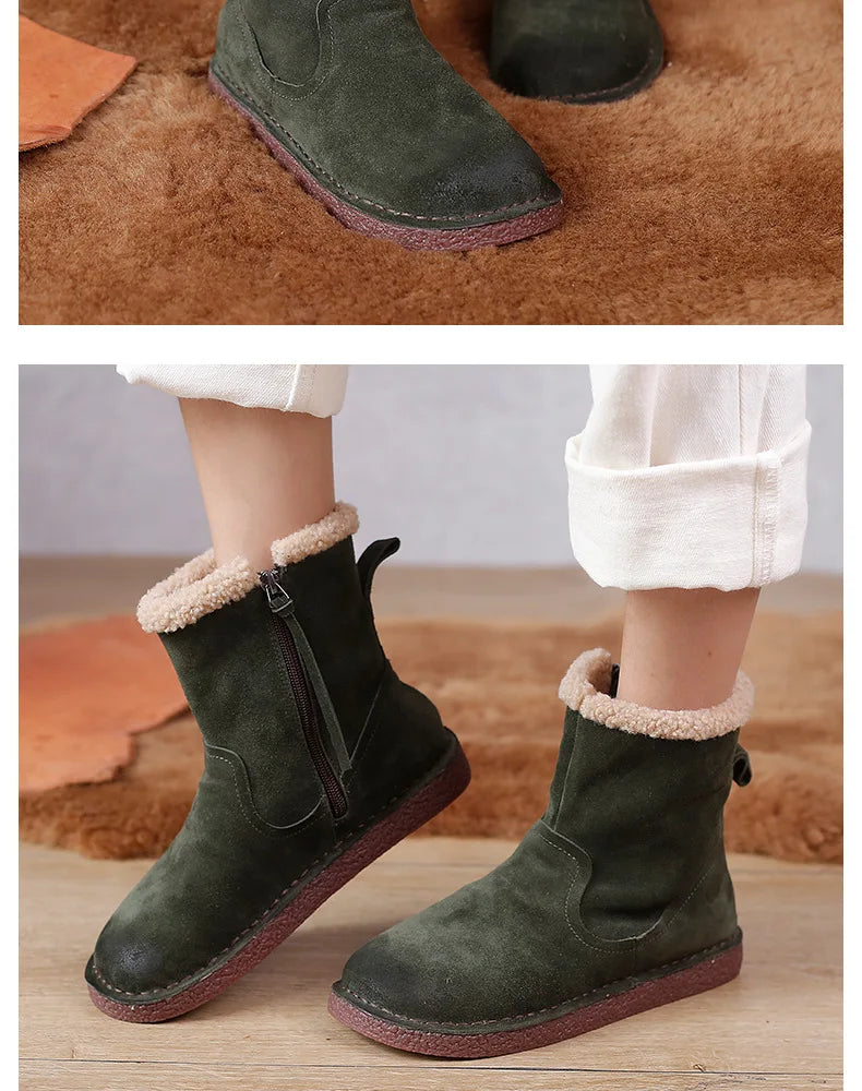 Careaymade-Genuine cow leather Snow cotton round head flats woolen short boots plush warm snow boots Oversized shoes size 35-43