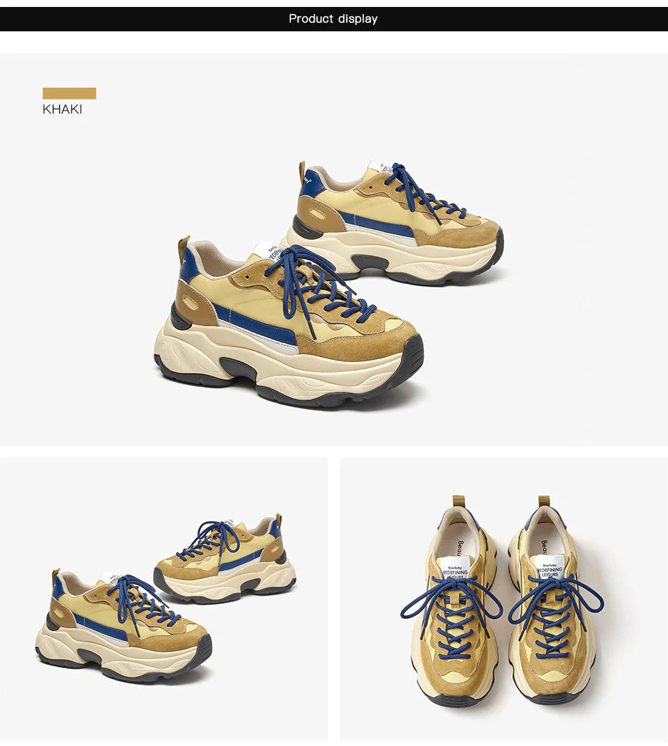 BeauToday Casual Sneakers Women Suede Leather Breathable Mesh Mixed Color Thick Sole Platform Shoes Ladies Flats Handmade 29430