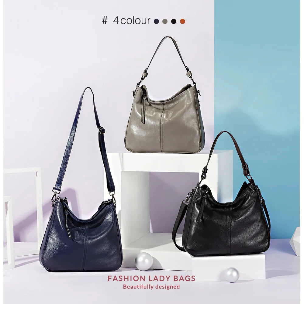 Zency 100% Genuine Leather Elegant Women Shoulder Bag Classic Black Hobos Roomy Casual Tote Handbag Crossbody Messenger Grey
