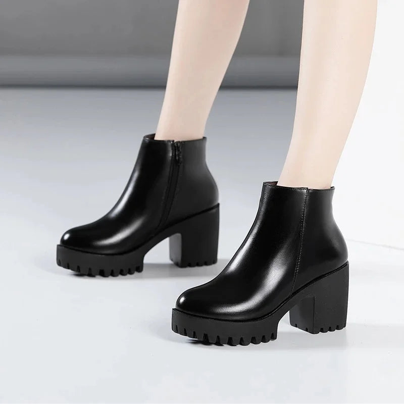 BEYARNE Small Size 32 -43 Block Heel Platform Shoes Fall Winter  OL Elegant High Heels Ankle Boots Women Warm Plush Boot