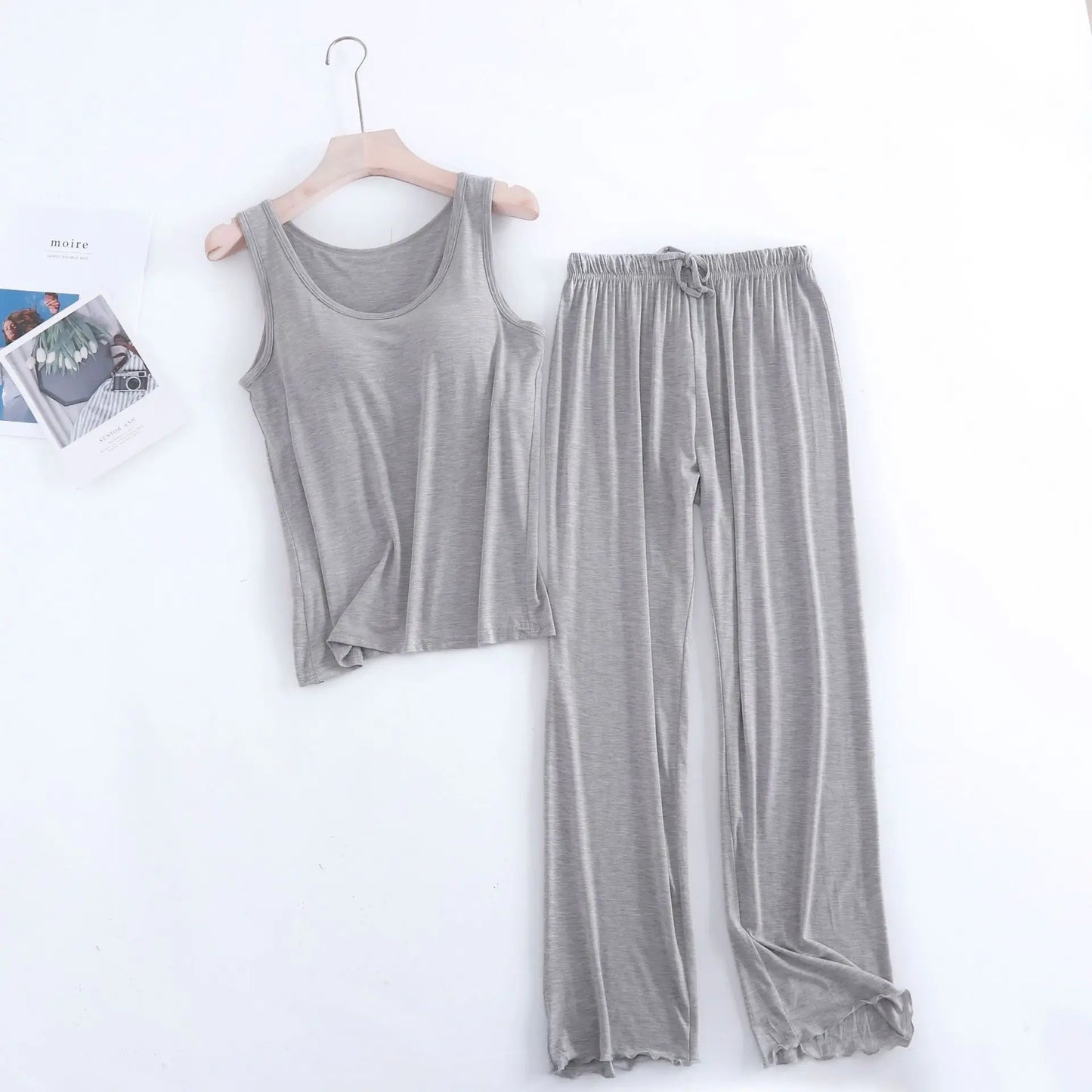 Fdfklak Modal Women's Vest Trousers Suit Pajamas Chest Pads Bra Bottoming Loose Lotus Leaf Pants Two Piece Set Home Clothes