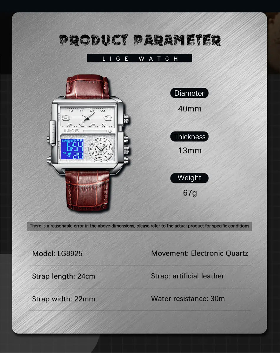 LIGE 2025 Top Brand Luxury Mens Watches Square Digital Sports Quartz Wrist Watch for Men Waterproof Stopwatch Relogio Masculino