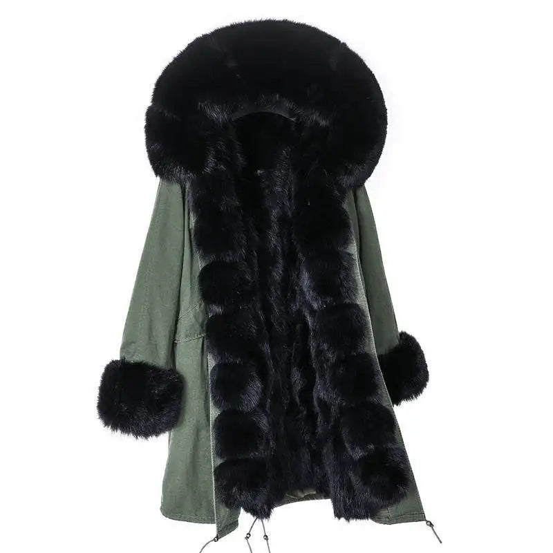 Maomaokong Winter Woman Natural Fur Overcoat Plus Size Black Parkas Raccoon Real Fur Lining Extra Larg Warm Jacket Coats Long
