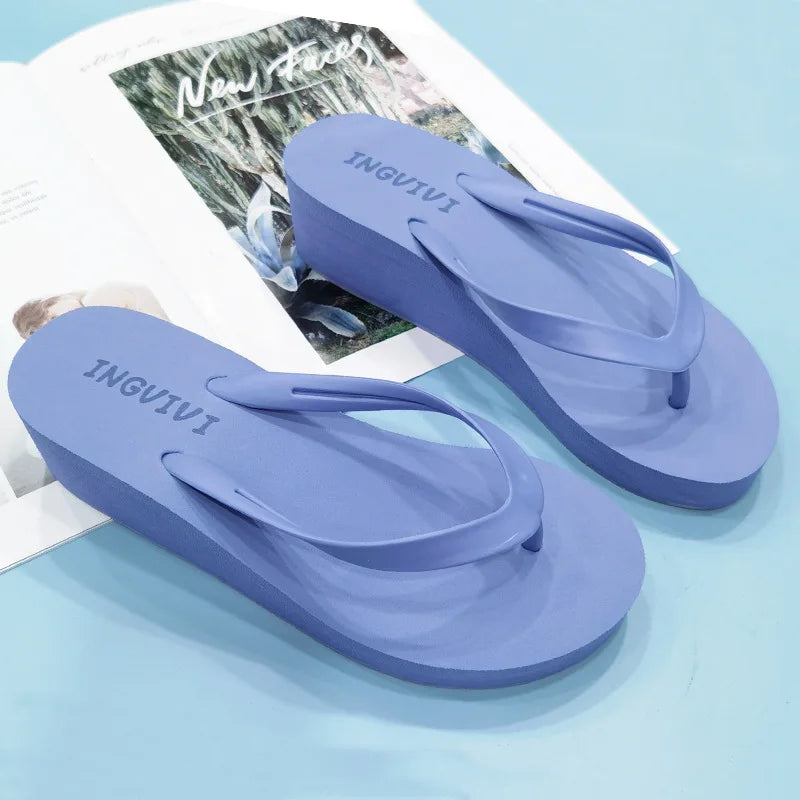 EOFK Women Flip Flops Wedges Casual Shinny Beach 3.5 Cm Height PVC Solid Summer Outside Slippers Soft Shoes