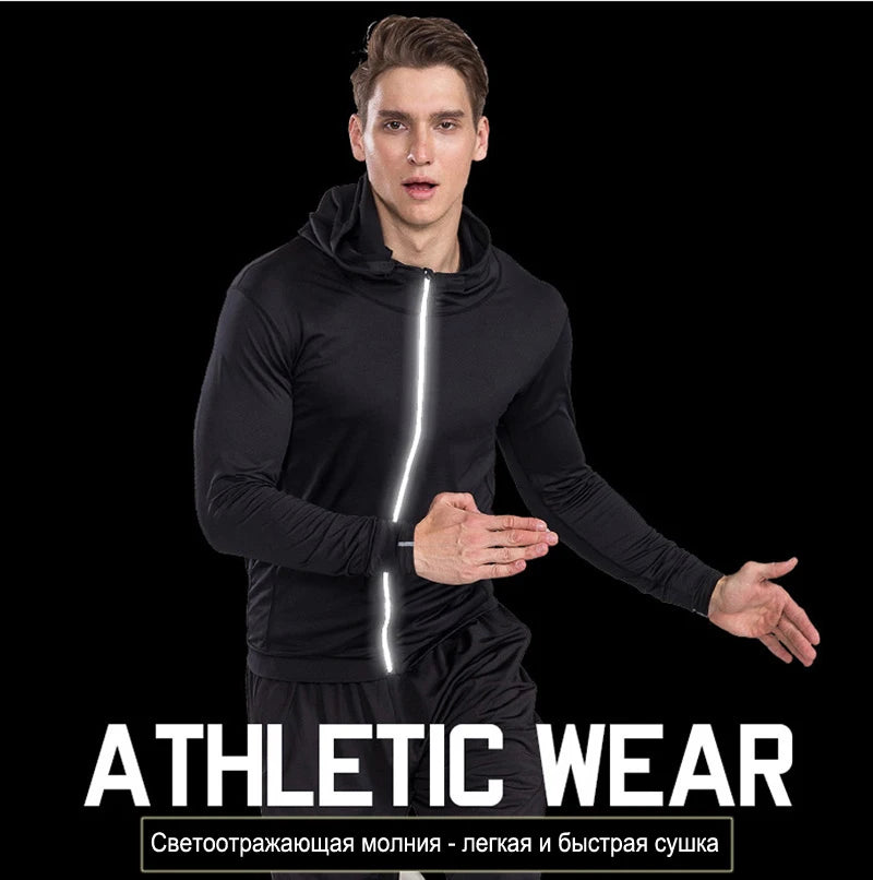 New Mens Running Jackets Fitness Sports Coat Hooded Tight Hoodie Gym Soccer Training Run Jogging Jackets Reflective Zipper Shirt