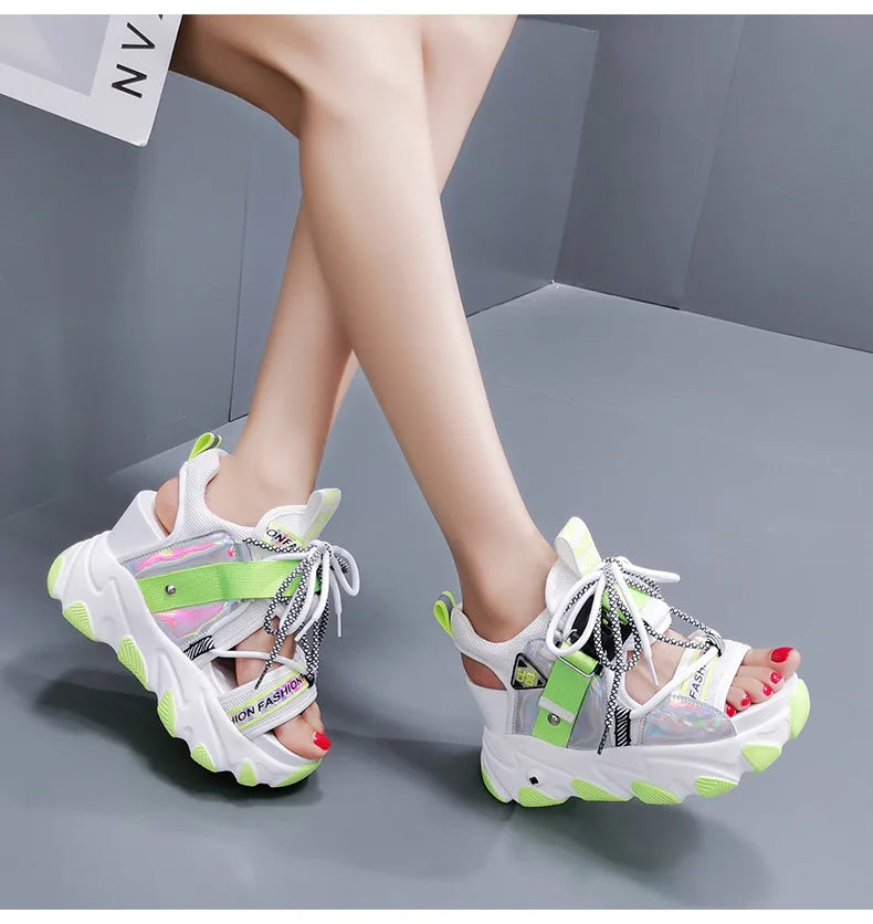 Comemore 2022 Platform Gladiator Sandals Lace Up White Sandals Women High Heels Wedges Casual Sports Shoes Woman Spring Summer