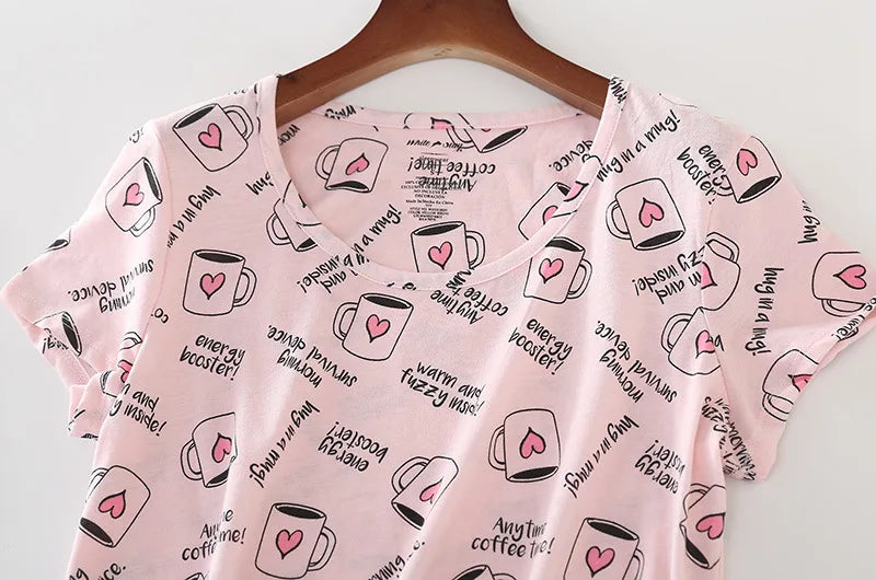 Summer Women Casual Cartoon Sleep Dress 100% Cotton Nightgown Plus Size Dresses Women Chemise de nuit Short Sleeve Home Dress