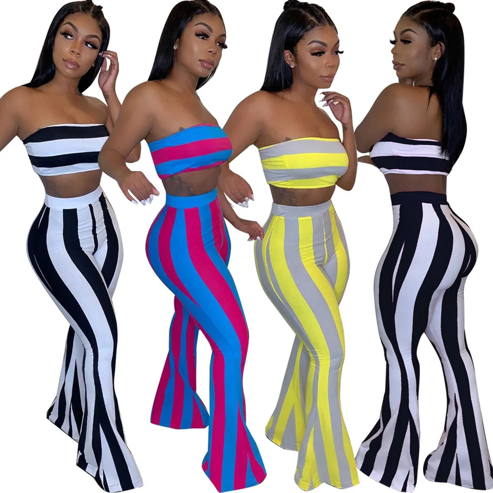 Two Piece Set Women Striped 2 Piece Set Women Outfits Crop Top Pants Two Pieces Sets Summer Clothes for Female Sexy Women's Suit
