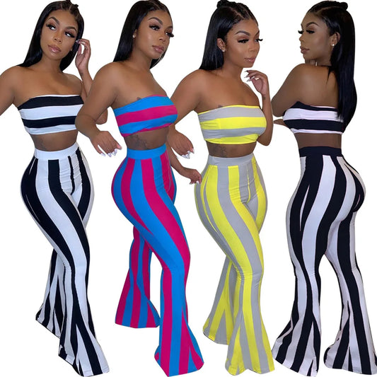 Two Piece Set Women Striped 2 Piece Set Women Outfits Crop Top Pants Two Pieces Sets Summer Clothes for Female Sexy Women's Suit