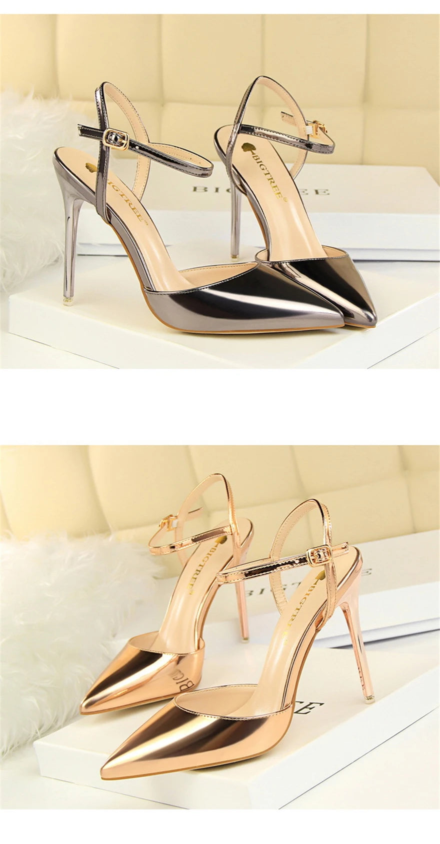 11 Colors Fashion Patent Leather Shallow Women Sandals 2025 Summer Pointy Toe Ankle Buckle High Heels Female Wedding Shoes Party