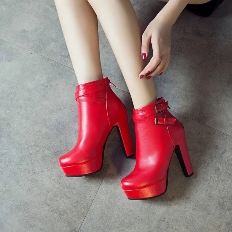 REAVE CAT Size 34-50 Ladies Platform Ankle Boots Party Office Women Fashion 12CM Thick High Heels Buckle Shoes F1484