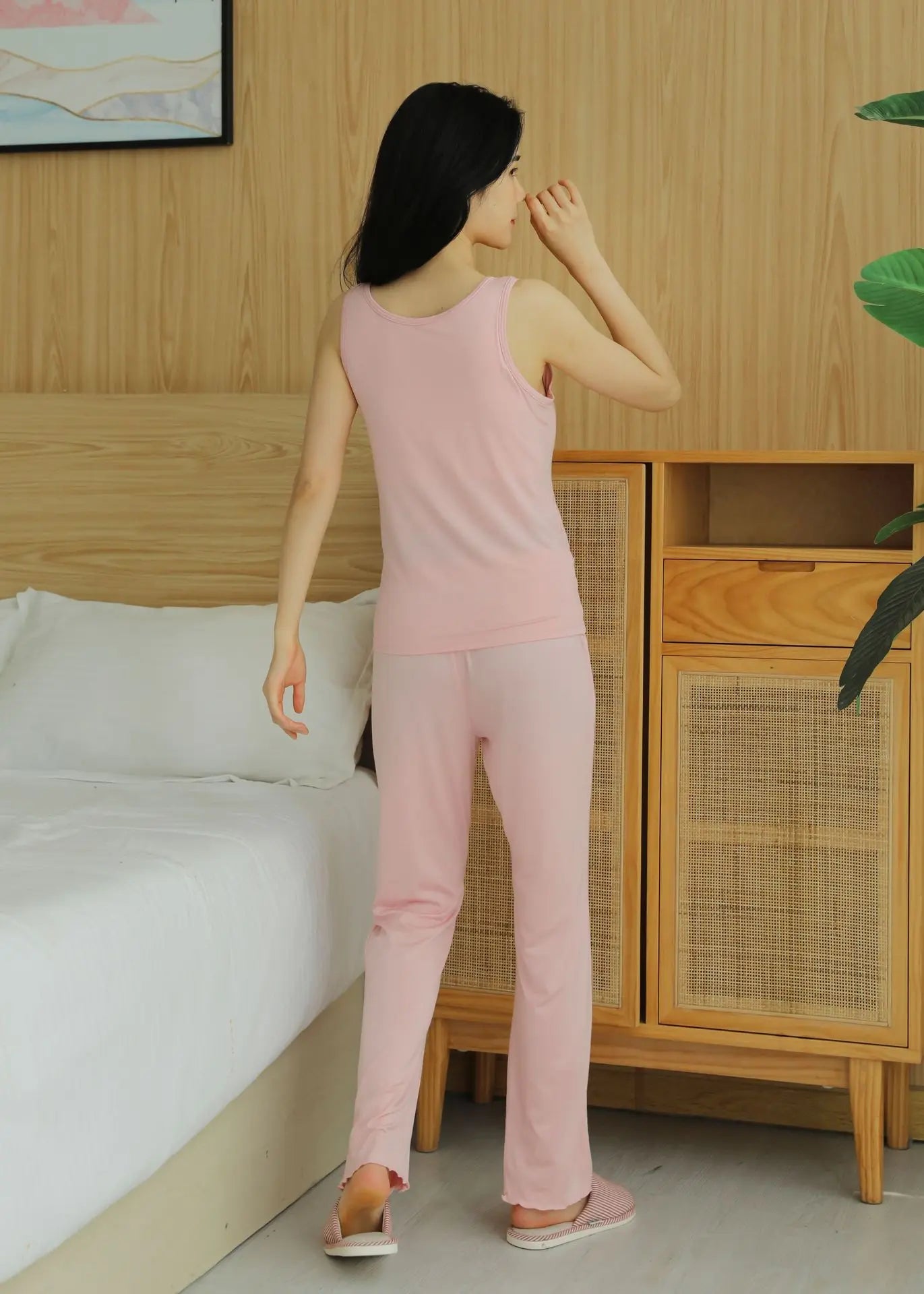 Fdfklak Modal Women's Vest Trousers Suit Pajamas Chest Pads Bra Bottoming Loose Lotus Leaf Pants Two Piece Set Home Clothes