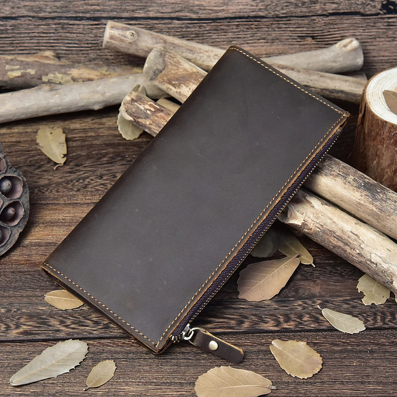 Men's Crazy Horse Leather Long Wallet Brown Real leather Trifold clutch snap purse Hasp purse with Phone pocket and coin pocket