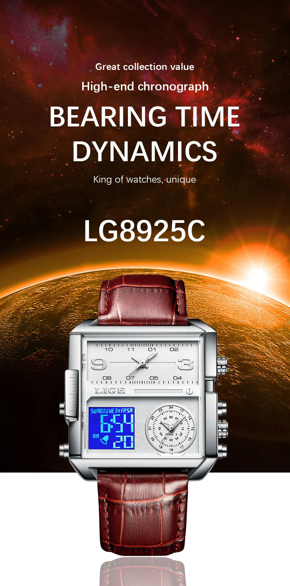 LIGE 2025 Top Brand Luxury Mens Watches Square Digital Sports Quartz Wrist Watch for Men Waterproof Stopwatch Relogio Masculino