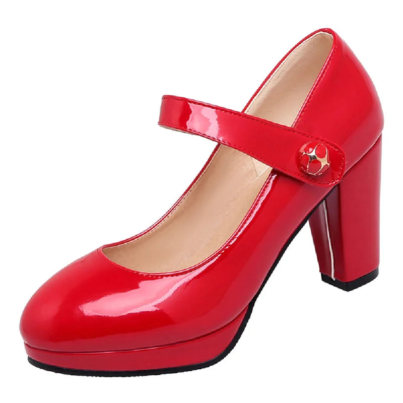 Elegant Women's High Heels Mary Janes Shoes Patent Red Pink White Heeled Party Wedding Shoes Female Dress Pumps Large Size 45
