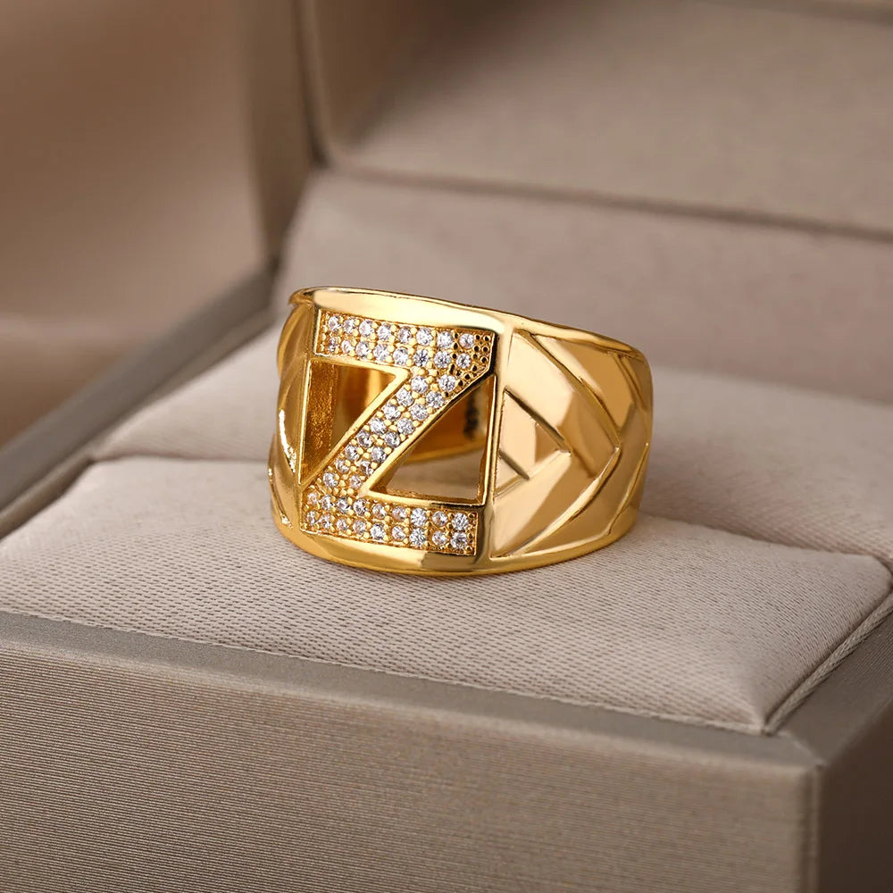 Chunky Zircon Initial Letter Rings For Women Stainless Steel Hip Hop Jewelry