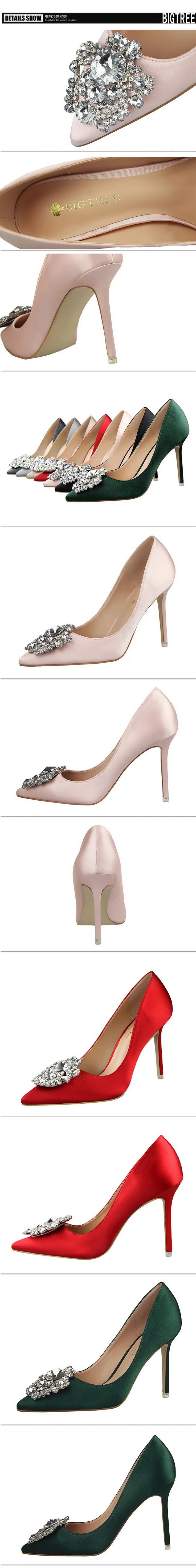 BIGTREE Women Heels Metal Rhinestones Woman Pumps Wedding Shoes High Heels Shoes Gold Silver Sexy Party Shoes Large size 42 43
