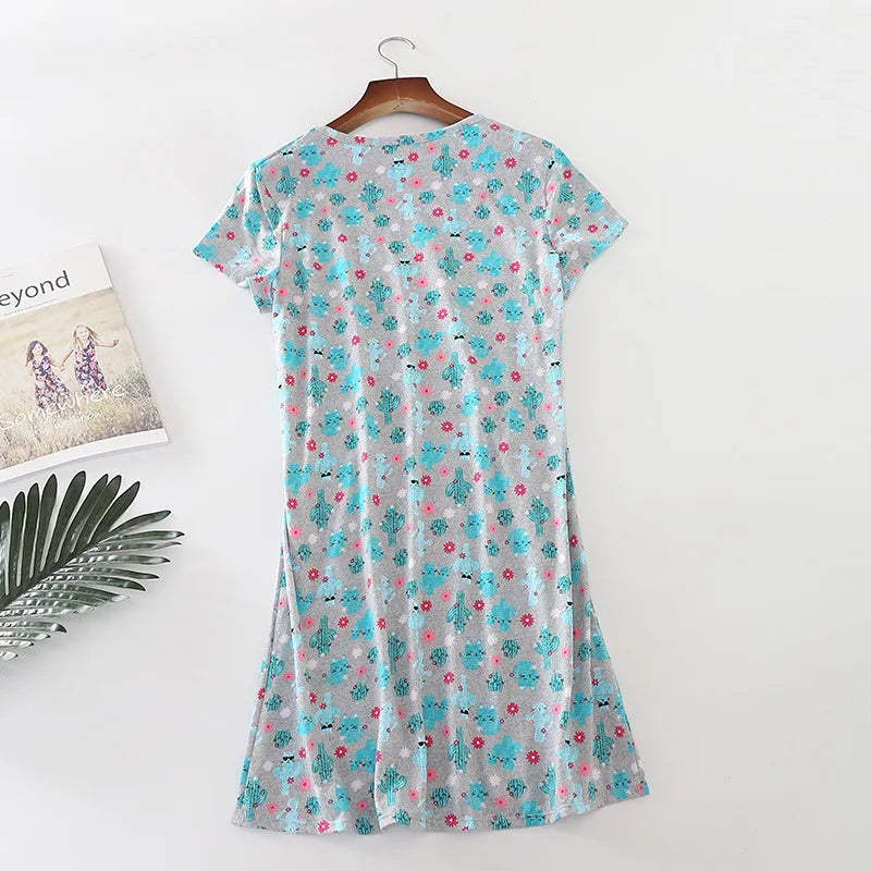 Summer Women Casual Cartoon Sleep Dress 100% Cotton Nightgown Plus Size Dresses Women Chemise de nuit Short Sleeve Home Dress