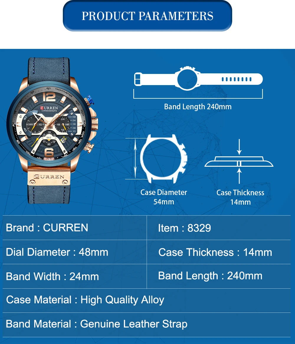 CURREN New Men's Casual Sports Chronograph Blue Top Brand Luxury Military Leather Watch Calendar Clock Relogio Masculino