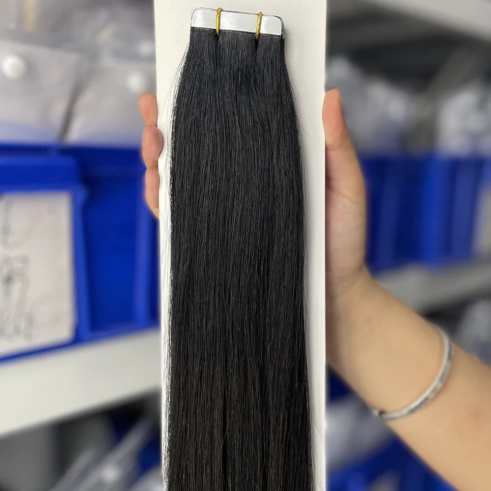 Moresoo Tape in Human Hair Extensions 26Inch 28 Inch Glue on Natural PU Remy Blonde Hair Black Pieces for Women Straight Hair