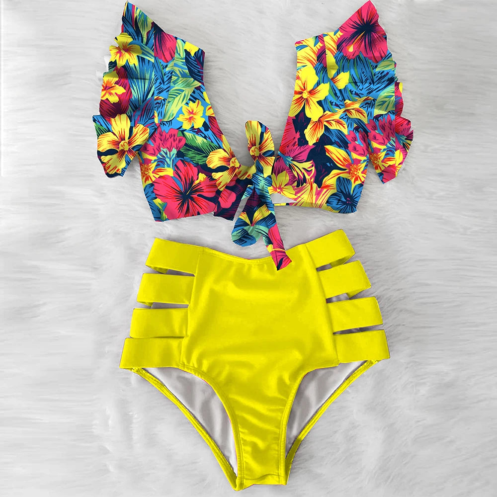 High Waist Ruffled Sexy Bikini Set 2025 Flounce Biquini Swimwear Women Two Pieces Swimsuit Floral Beachwear V-Neck Bathing Suit