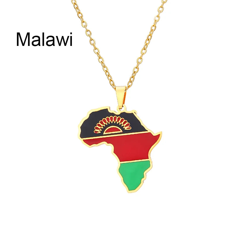 African Map Flag Pendant Necklace Stainless Steel Men Women Rwanda Sudan Uganda Zimbabwe Zambia Ethnic Maps Jewelry Gift