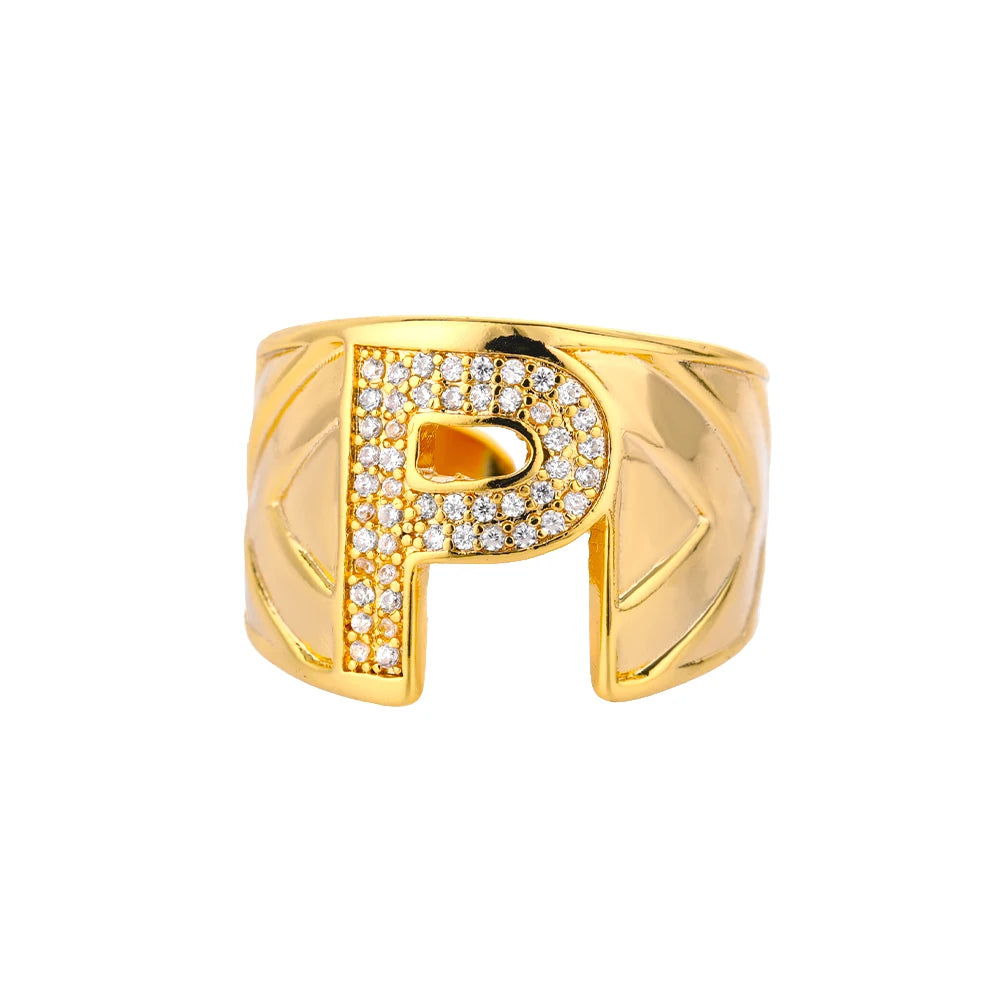 Chunky Zircon Initial Letter Rings For Women Stainless Steel Hip Hop Jewelry