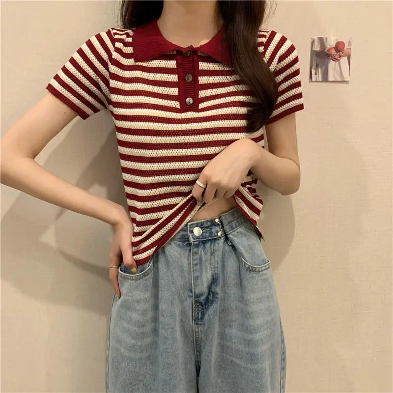 Woman TShirts Top Summer Women's 2021 Striped Knitted Short-Sleeved  Crop Top Mujer Camisetas