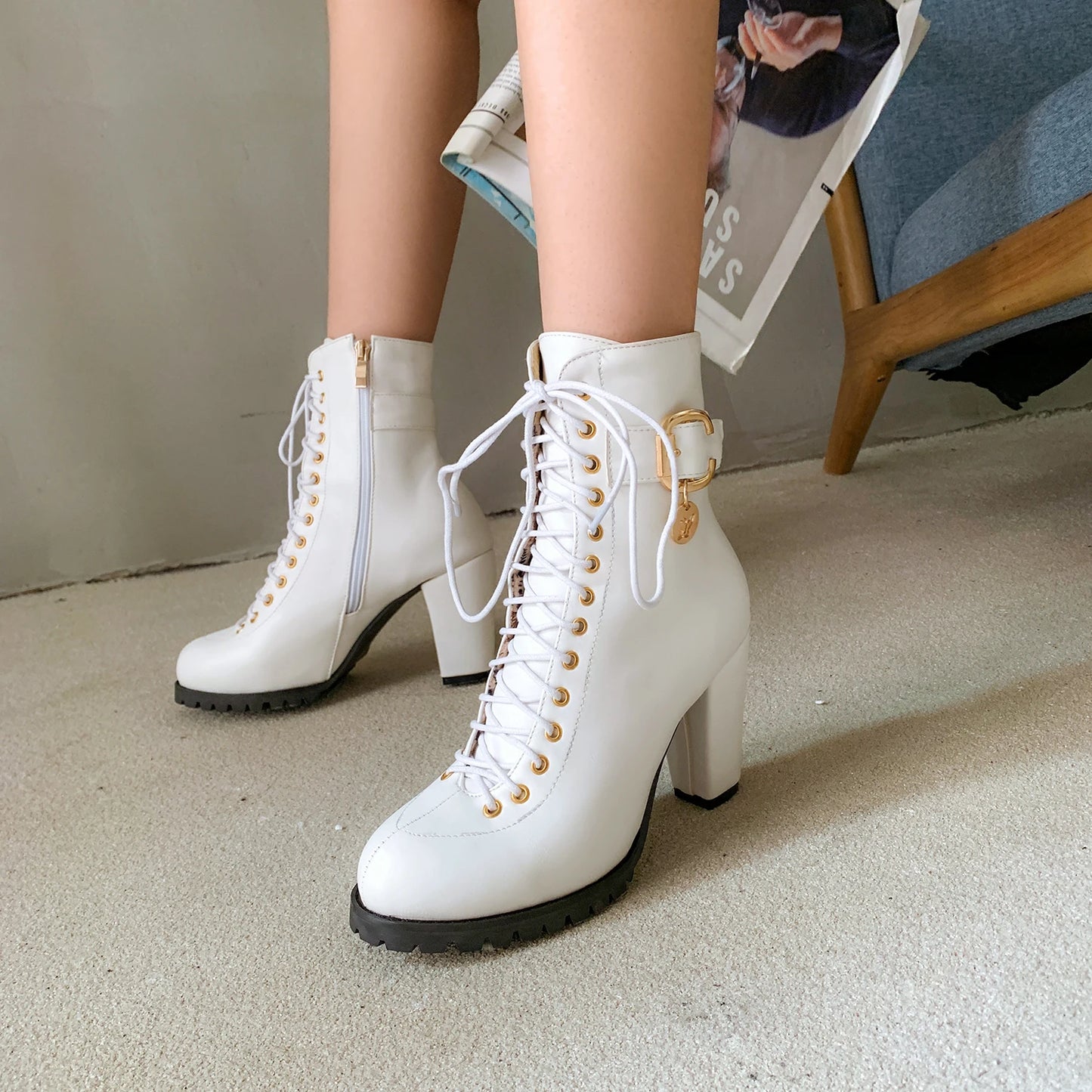 Women's Autumn Lace-Up Chunky Heel Ankle Boots with Belt Buckle Side Zipper High Heels Booties Lace Up Design Classic Lolita