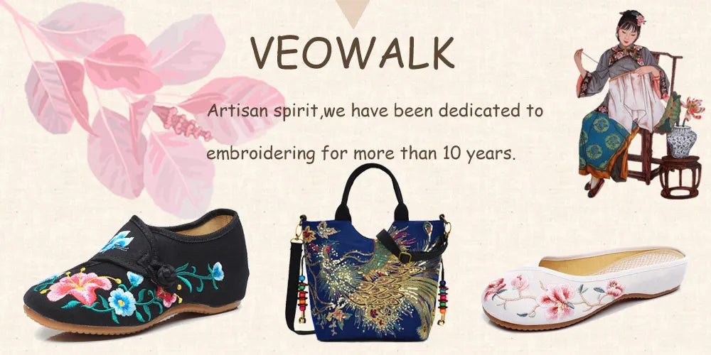 Veowalk Flowers Embroidered Women Flannel Cotton Mules Slippers Close Pointed Toe All Season Leisure Ladies Comfort Flat Shoes