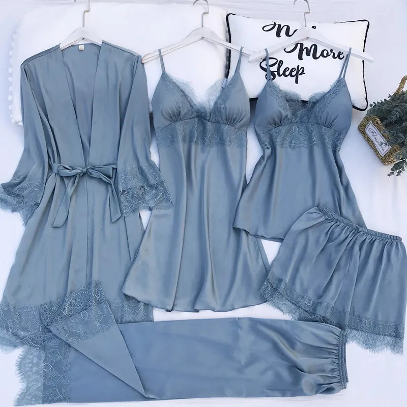 Women Pajamas Five Piece Set Spring Summer Sleepwear Nightgown Sexy Lace Bath Robe Gown Loose Silk Satin Home Wear Loungewear