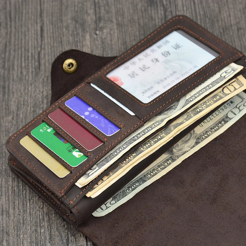 Men's Crazy Horse Leather Long Wallet Brown Real leather Trifold clutch snap purse Hasp purse with Phone pocket and coin pocket