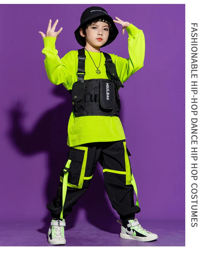Boys Hip Hop Cool Vest Girls Cargo Pant Outfit Child Sweatshirt Chest Bag Joggers Street Dance Kids Streetwear Costume Sportwear