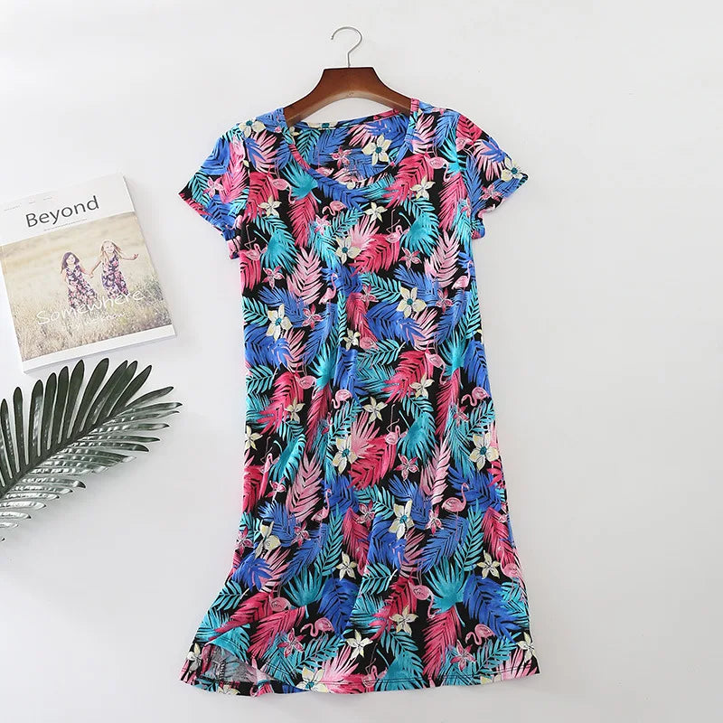 Summer Women Casual Cartoon Sleep Dress 100% Cotton Nightgown Plus Size Dresses Women Chemise de nuit Short Sleeve Home Dress
