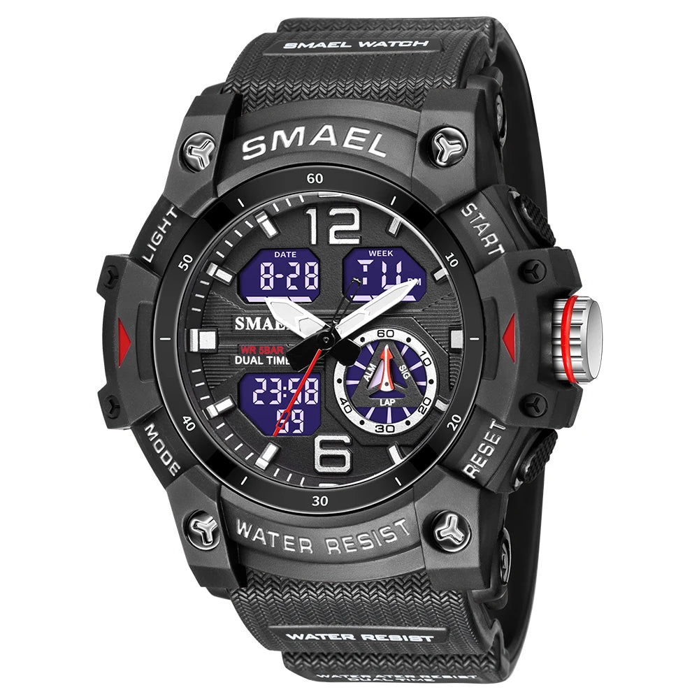 SMAEL 8007 Men's Analog Digital Dual Display Sport Watch - 50M Waterproof LED Backlight Alarm Stopwatch Chronograph Shockproof