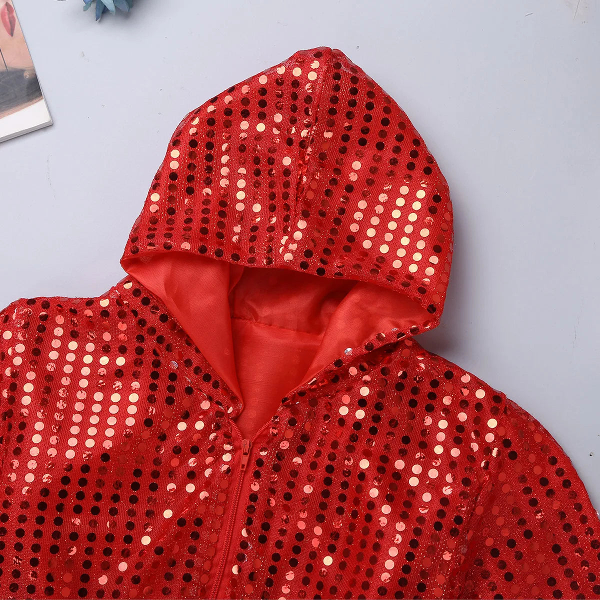 Kids Boys Girls Jazz Hip-hop Street Dance Costume Shiny Sequins Hooded Coat Tops with Pants Disco Party Performance Dancewear