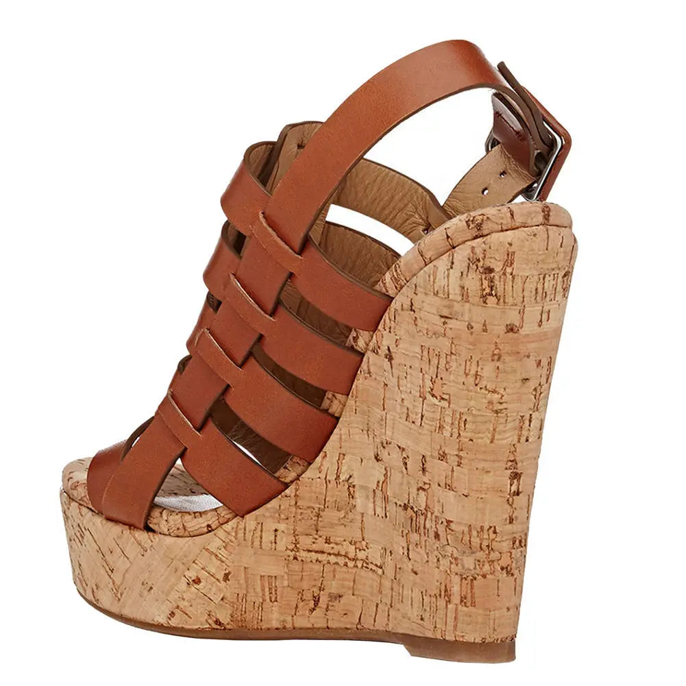 Women’s Cork Wedge Slingback Sandals – Peep Toe Cross Strap Summer Casual Shoes, Comfortable