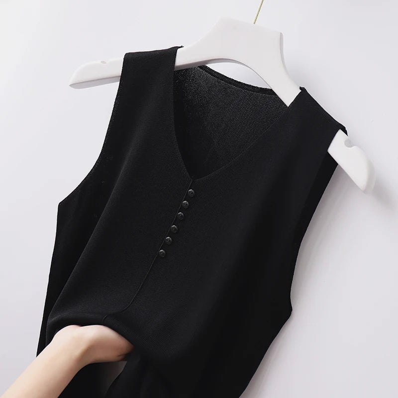 Knitted Vests Women Top V-neck Solid Tank Blusas Mujer De Moda 2026 Summer New Fashion Female Sleeveless Casual Thin Tops