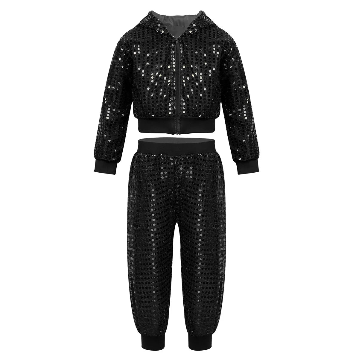Kids Boys Girls Jazz Hip-hop Street Dance Costume Shiny Sequins Hooded Coat Tops with Pants Disco Party Performance Dancewear