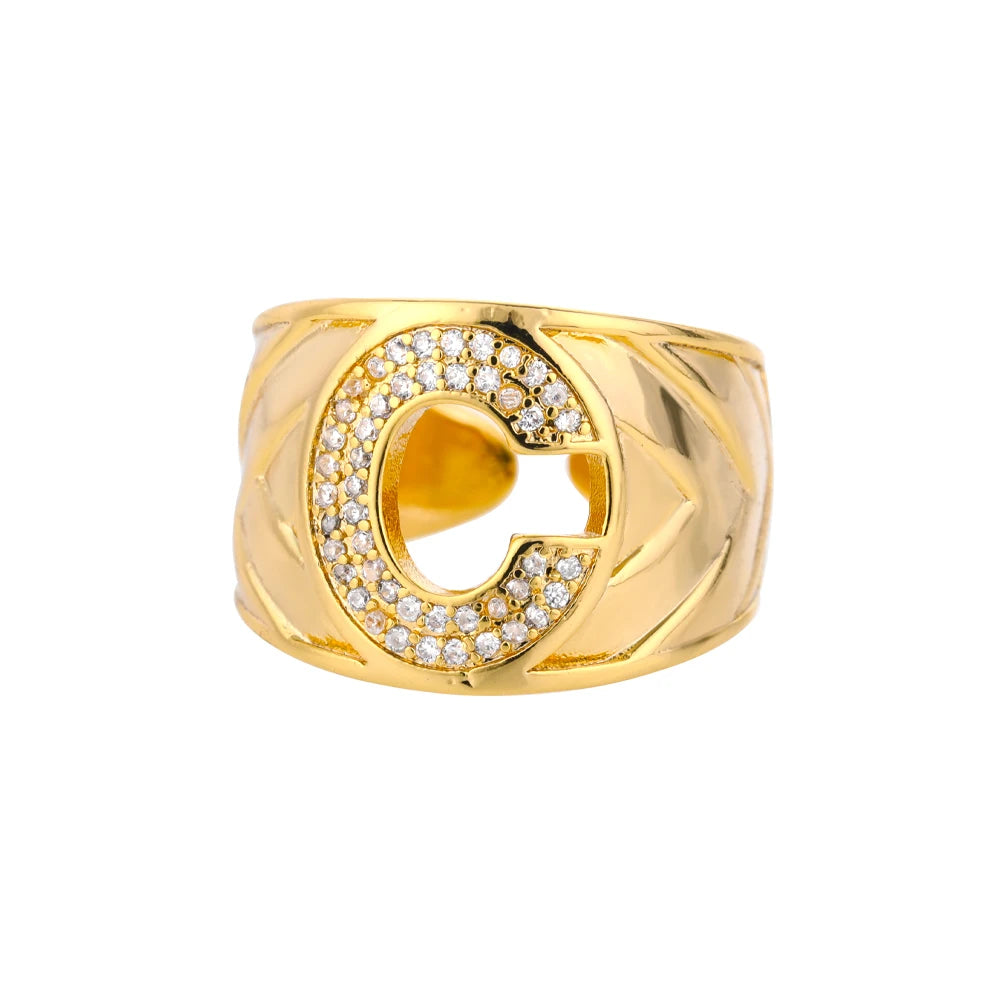 Chunky Zircon Initial Letter Rings For Women Stainless Steel Hip Hop Jewelry