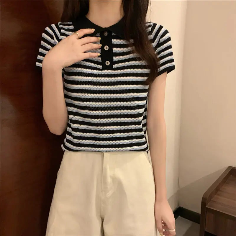Woman TShirts Top Summer Women's 2021 Striped Knitted Short-Sleeved  Crop Top Mujer Camisetas