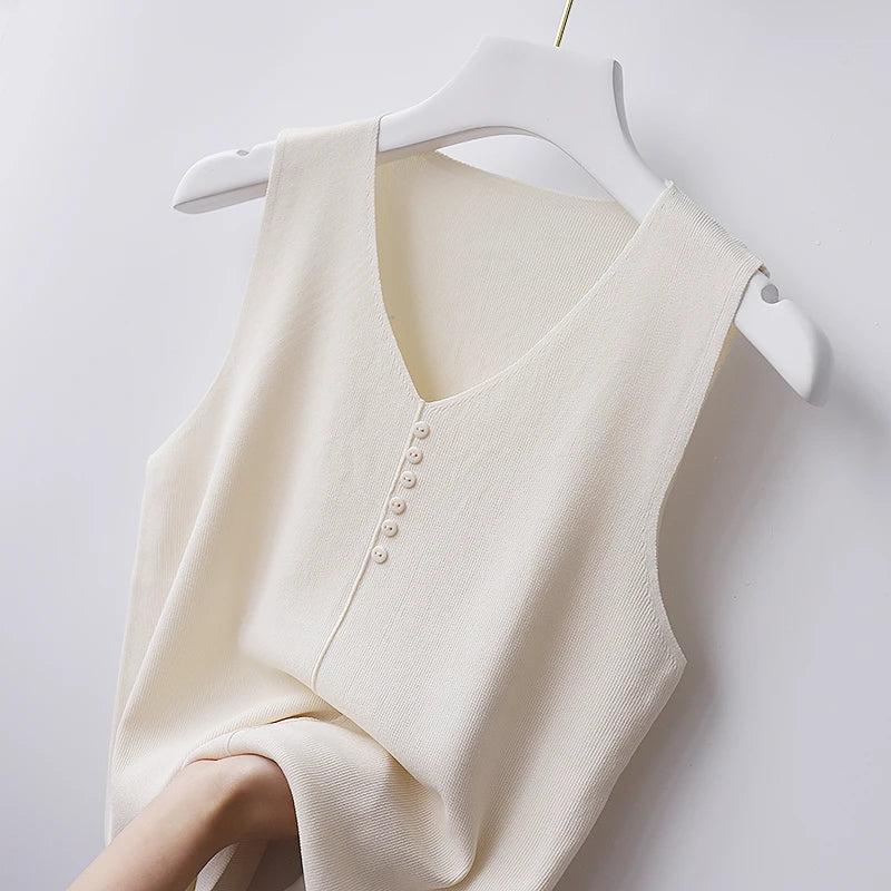 Knitted Vests Women Top V-neck Solid Tank Blusas Mujer De Moda 2026 Summer New Fashion Female Sleeveless Casual Thin Tops
